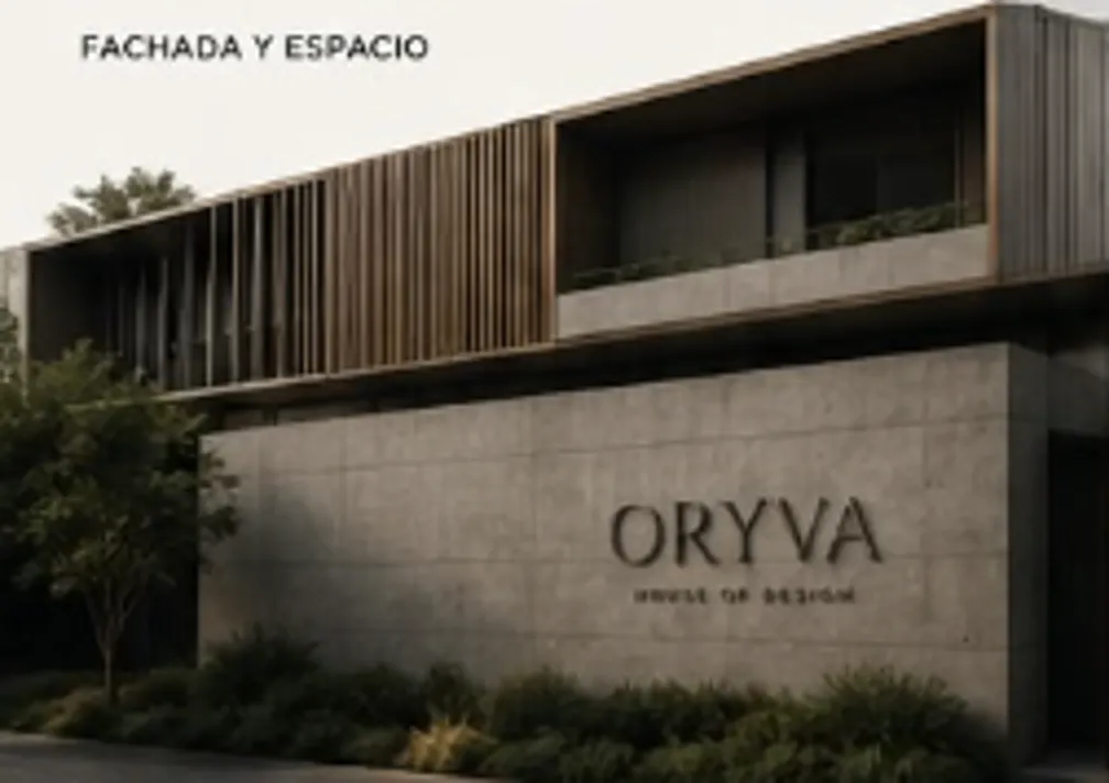 Concepto arquitectónico de la dirección de marca de ORYVA: celosías de madera, piedra y vegetación.