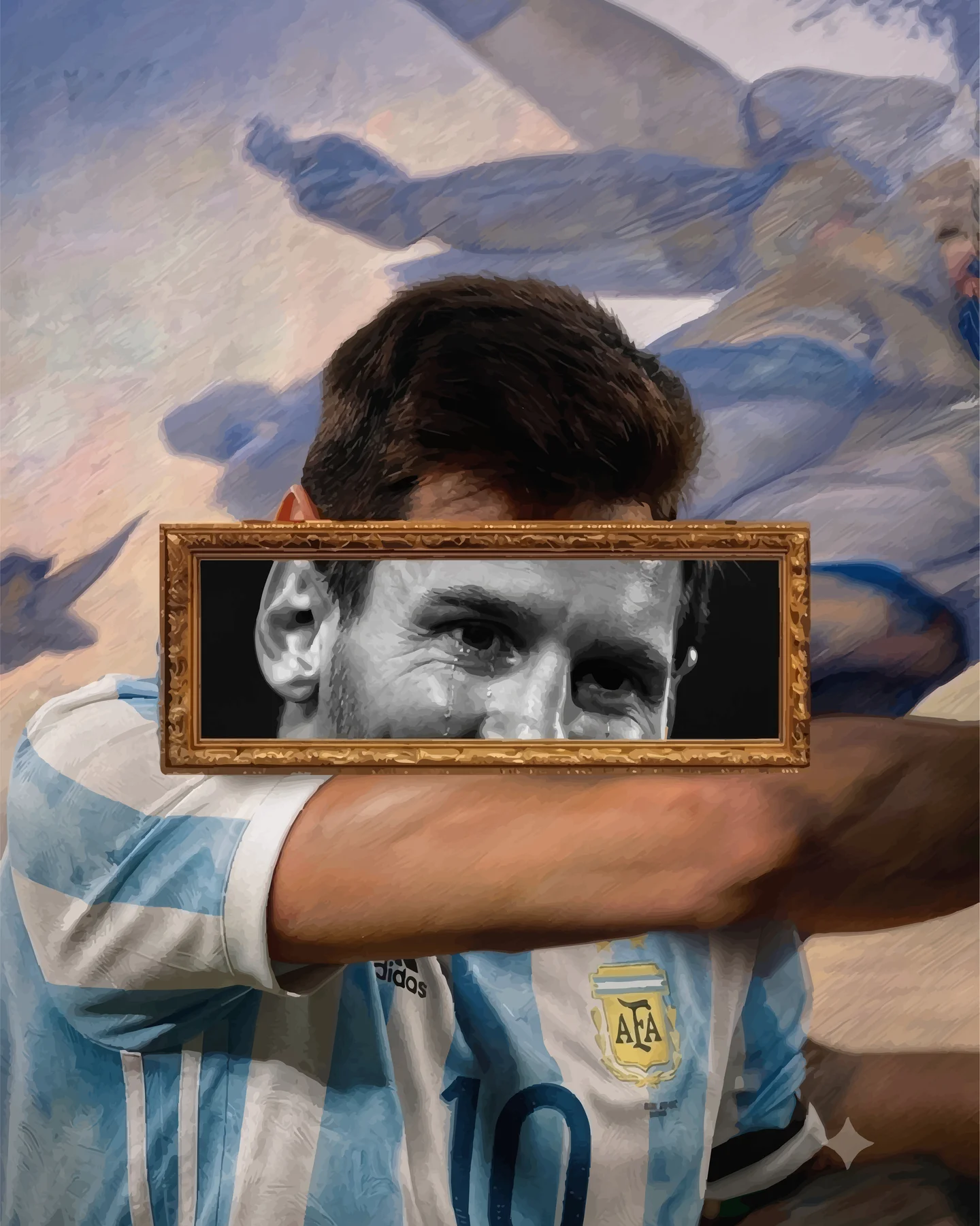GRACE: un futbolista con la camiseta albiceleste se cubre el rostro con el brazo; sus ojos aparecen en un pequeño marco dorado.
