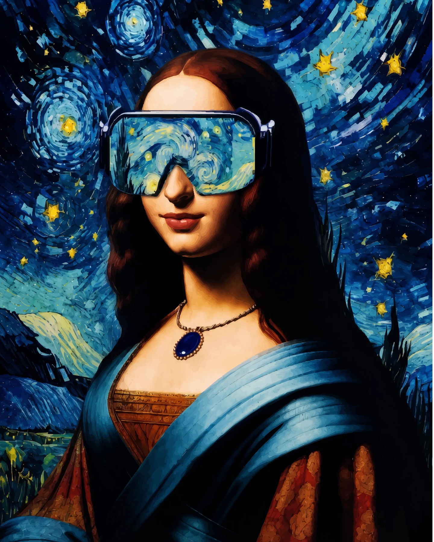 VISIONE: la Gioconda con gafas de realidad virtual, sobre un cielo nocturno en remolinos, rodeada por una línea de luz.